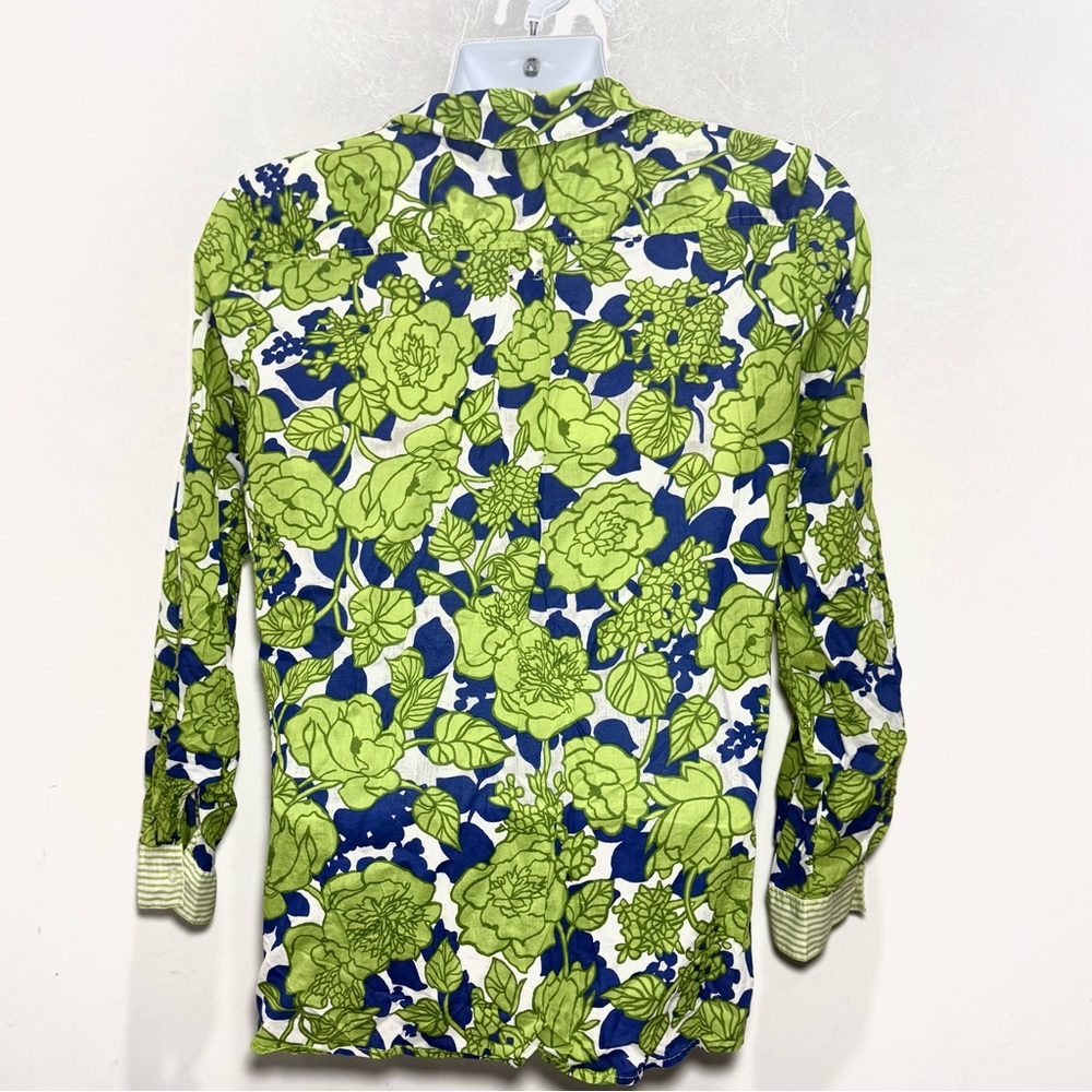 Talbots Floral Print Henley Tunic Top Blouse Size L Green Blue & White Light Wgt - Picture 4 of 11